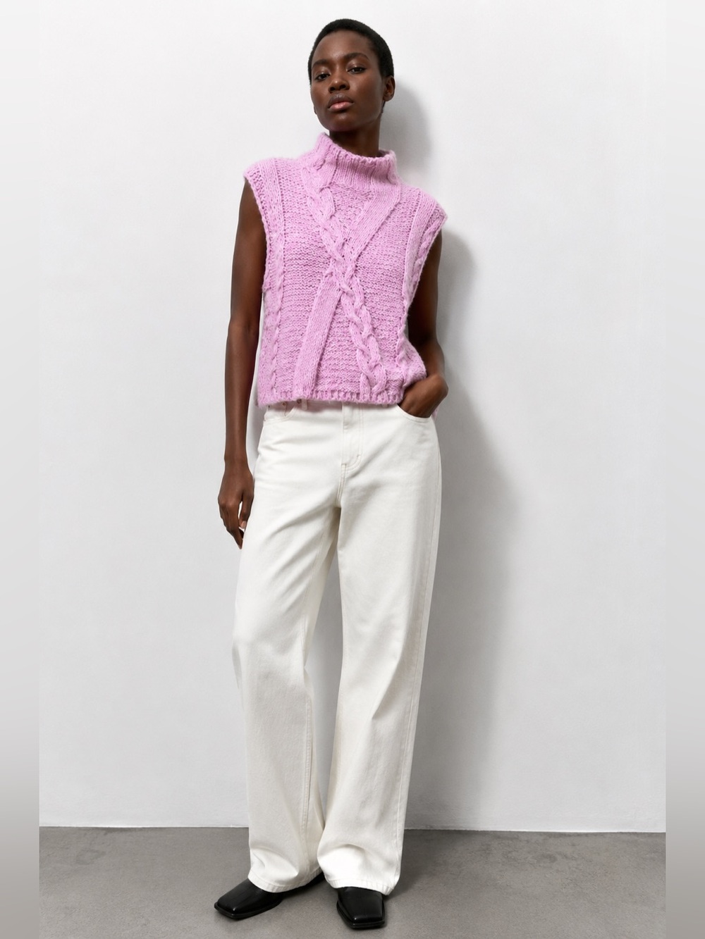 Le Lis Collection Pink Cable Knit Sweater Vest | Mock Neck Sleeveless Top S/M